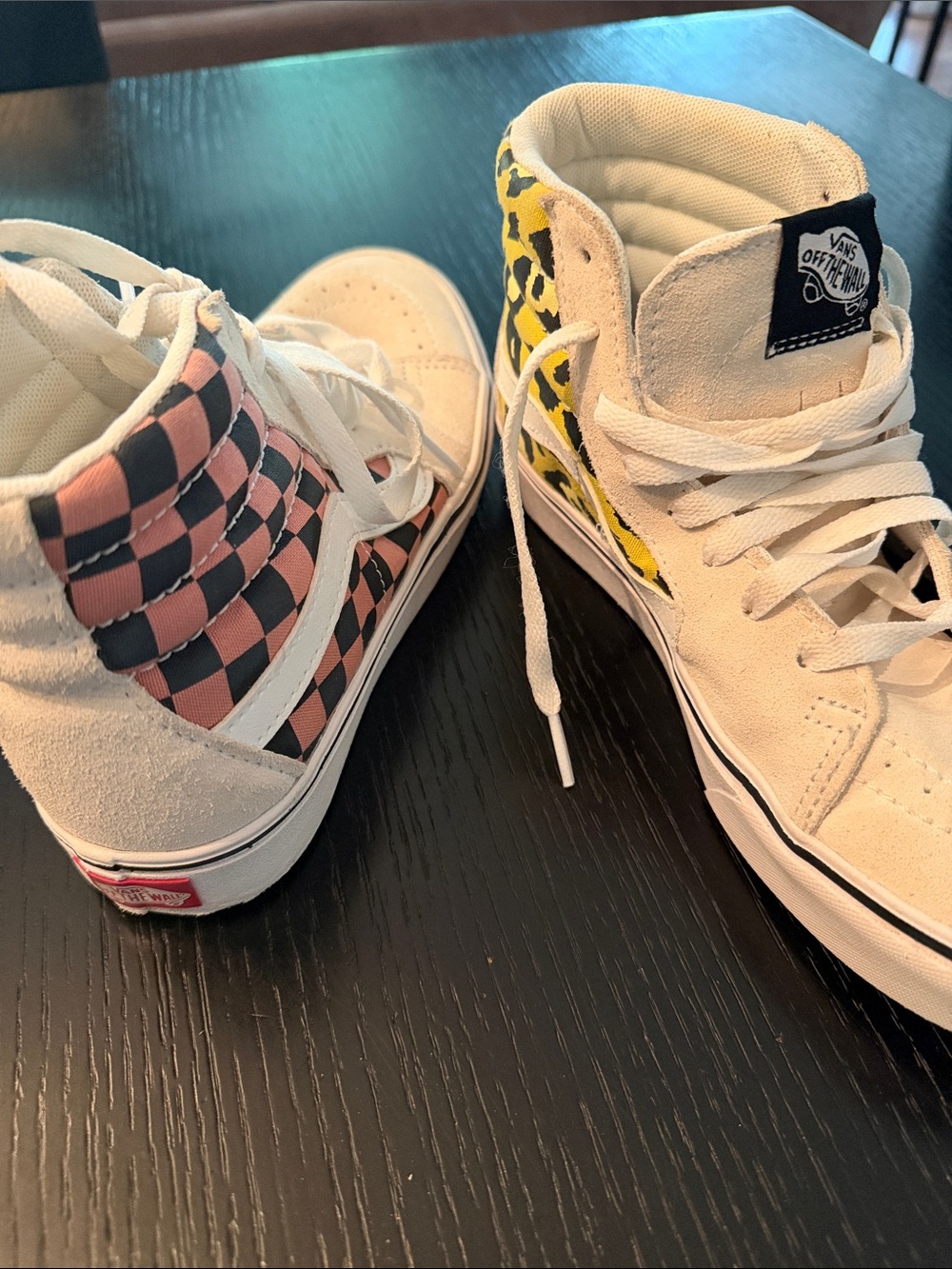 Vans High-Top Sneakers in White with Pink Checker & Yellow Leopard Accents